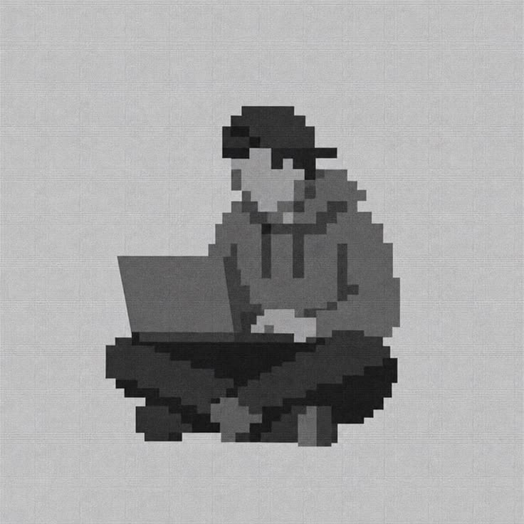 Pixel-art engineer at work on a laptop